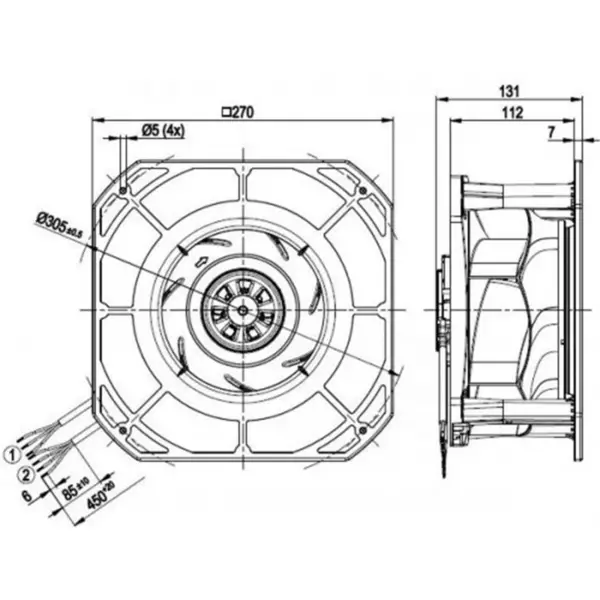 Ebmpapst k3g225-re07-03 230VAC 270x270x131mm 170W 1.4A 705m3/h Rolamento de esferas IP54 EC Ventilador centrífugo