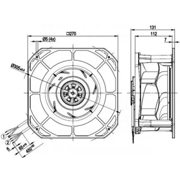 Ebmpapst k3g225-re07-03 230VAC 270x270x131mm 170W 1.4A 705m3/h Rolamento de esferas IP54 EC Ventilador centrífugo