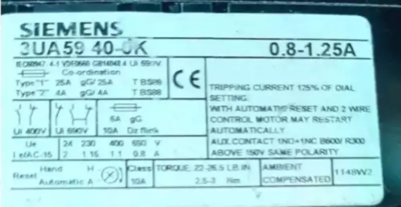 Relé de sobrecarga térmica Siemens 3UA5940-0K