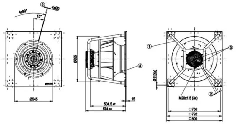 Ventoinha Ebmpapst K3G560-PB31-71 380/480V 5.1A 3300W 1540RPM 560mm Ventoinha de arrefecimento