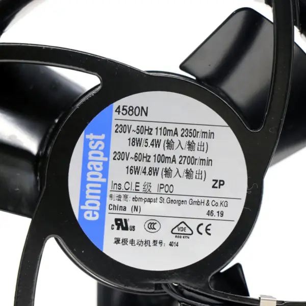 119 x 119 x 38mm 230 V AC caudal de ar 123m3 / h 2350 rpm 4580N Rolamento de manga ebm papst ventoinha de arrefecimento