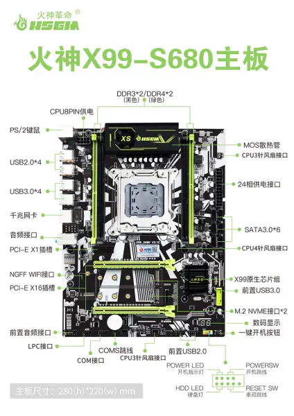 Placa-mãe Hsgm X99-s680 Placa-mãe para servidor com 64 GB de memória e suporte avançado de canal duplo Ddr3/ddr4