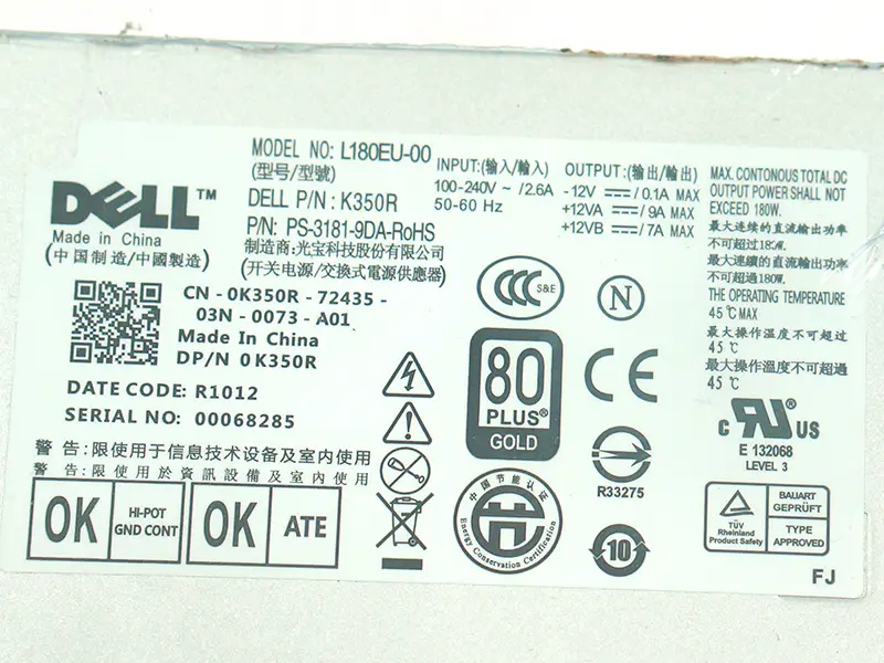 Fonte de alimentação PSU para Dell 780 790 990 7010 9010 180W L180EU-00 F180EU-00 L200EU-00 F200EU-00 C0G5T 6YWW7 M178R