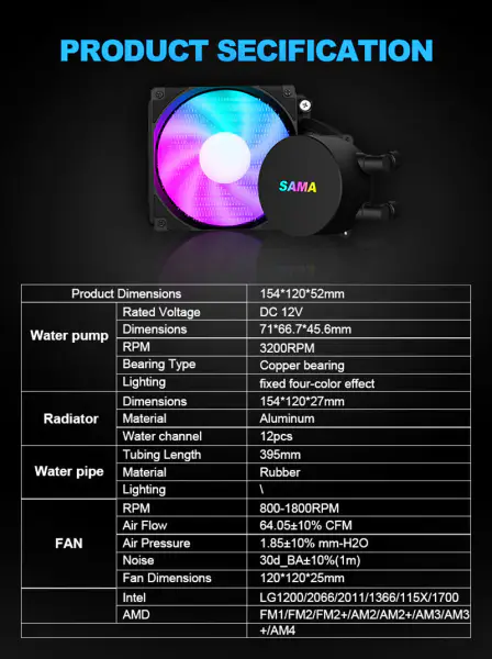 Sama 120mm Liquid Cpu Coolers Cpu Liquid Cooler Resfriador de água Cpu para Pc Gaming Case