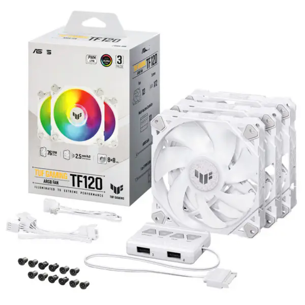 AsUs Tuf Gaming White Heroic Light Tf120 Ventilador de chassis 3 peças Argb Ventilador com controlador de efeito de iluminação Tuf Gaming Tf120 Argb 3em1